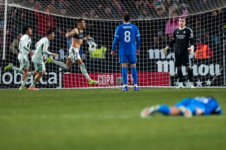 Jefte Betancor celebrates scoring Albacete’s third goal as the knocked Real Madrid out of the Copa del Rey on 14 January.