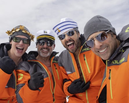 From left, Cory Michael Smith, Steve Carell, Ramy Youssef and Jason Schwartzman in Mountainhead.