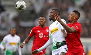Borussia Mönchengladbach’s Marcus Thuram was a pest for Bayern all afternoon in their Bundesliga match.