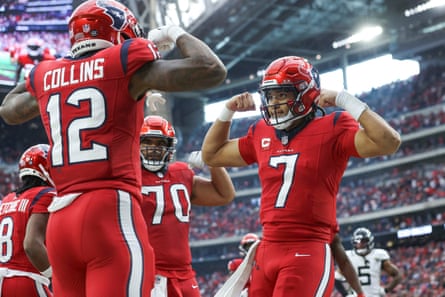 Houston Texans quarterback CJ Stroud, right, celebrates with wide receiver Nico Collins after a touchdown during the fourth quarter against the Jacksonville Jaguars at NRG Stadium last Sunday.