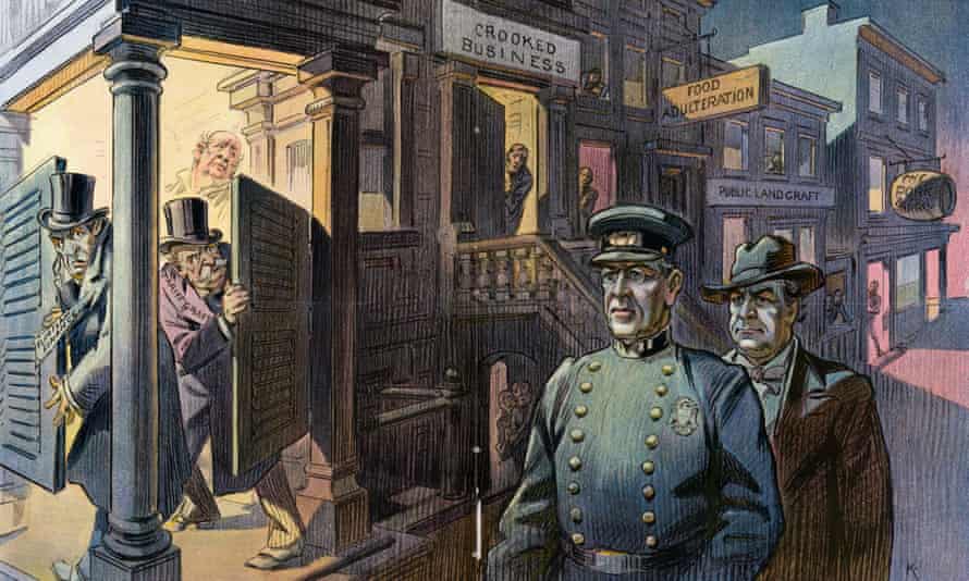 Illustration by Udo Keppler in Puck, 26 March 1913, shows President Woodrow Wilson as a police officer with William Jennings Bryan behind him as they walk down a street lined with buildings labelled Crooked Business, Food Adulteration, Public Land Graft, and the Pork Barrel.