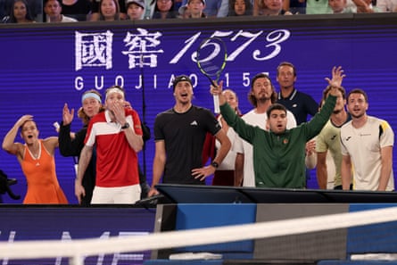 Greece’s Maria Sakkari, Russia’s Andrey Rublev, Kazakhstan’s Alexander Bublik, Germany’s Alexander Zverev and Spain’s Carlos Alcaraz react during tournament