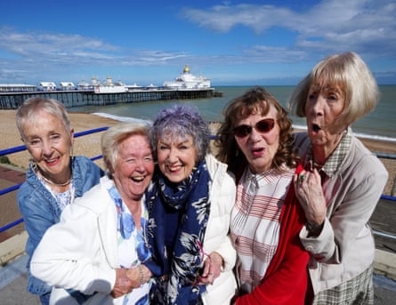 Five old friends who used to be showgirls, on the seafront in Eastbourne, UK