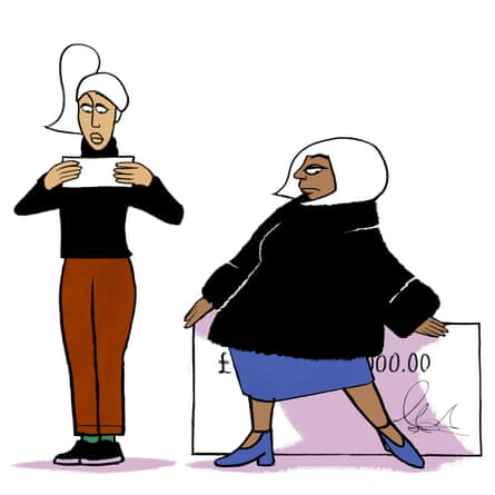 Illustration of two women hiding cheques