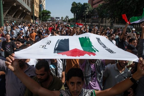 A protest in support of the Palestinian people, in the Gaza Strip, at Al Azhar mosque in Cairo, Egypt.