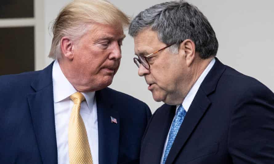 Donald Trump confers with William Barr in the White House rose garden.