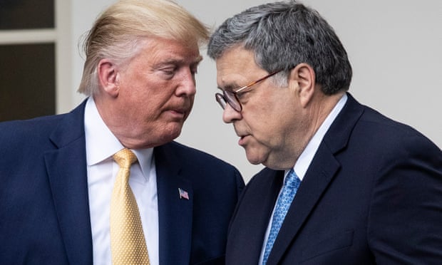 Donald Trump (L) hands over the podium to US Attorney General William Barr (R) while participating in an announcement on US citizenship and the census, in the Rose Garden, on 11 July 2019