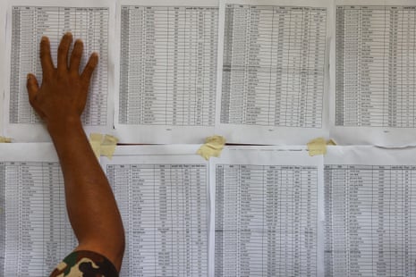 A person’s hand running down a sheet of paper pinned on a wall.