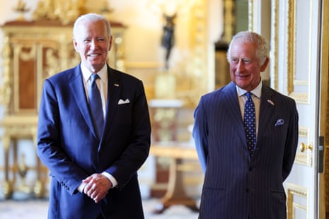 King Charles III and US President Joe Biden attend the Climate Finance Mobilisation forum in the Green Drawing Room at Windsor Castle.