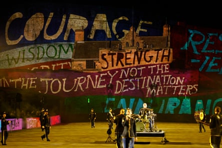 Words of wisdom … backdrop to the performance space.