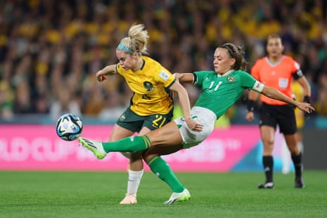 Ellie Carpenter of Australia and Katie McCabe of Republic of Ireland compete for the ball