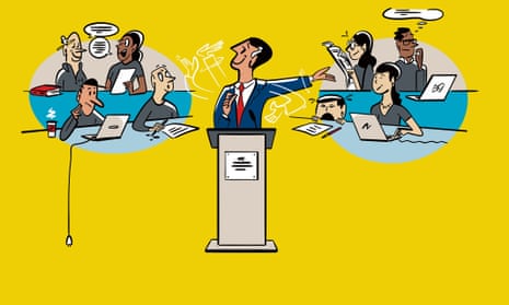 Illustration by Steven Gregor of an orator at a lectern, with speechwriters working behind the scenes