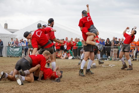 Celebrations for the Swiss senior mens 560kg team as they win their final over the Basque Country.