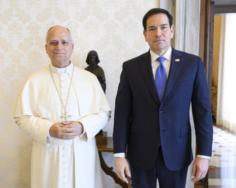 Pope Leo XIV poses with US secretary of state Marco Rubio during an audience at the Apostolic Palace in Vatican City, 7 May 2026.