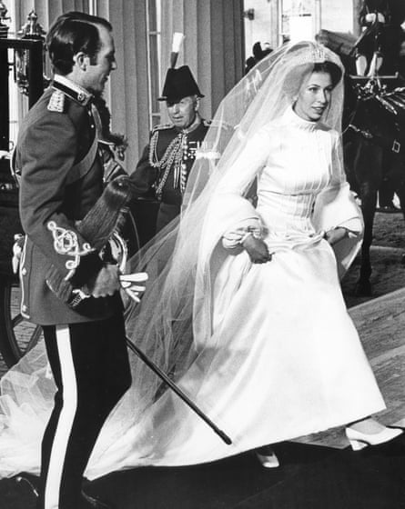 Princess Anne and Captain Mark Phillips arriving at Buckingham Palace after their wedding in 1973. Maureen Baker had to keep silent about the dress’s design for months.