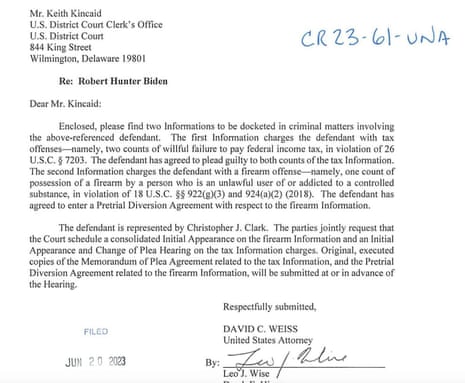 Filings from the Justice Department describing charges against Hunter Biden