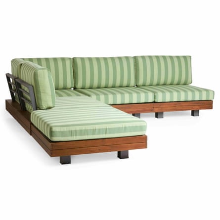 An L-shaped sofa. The frame is dark wood with wooden feet. The cushions are light and dark green striped.