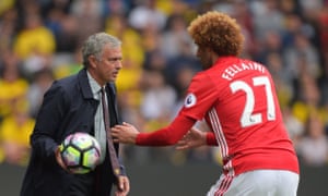 José Mourinho with Marouane Fellaini, who was his most inventive midfielder against Watford.