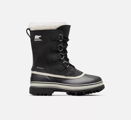 A black Sorel Caribou boot with white details