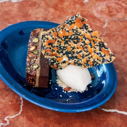 Honey & Co’s ‘wowish’ chocolate terrazzo cake with a marzipan ice-cream ‘we talked about for days’.
