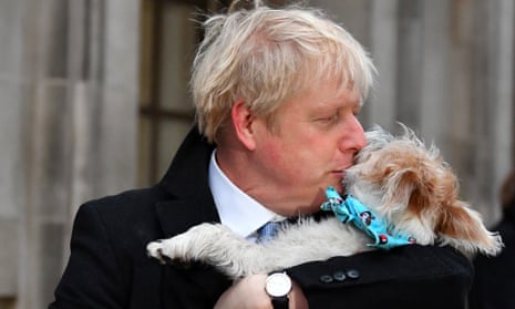 Boris Johnson and his dog Dylin at a polling station