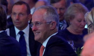 Tony Abbott, Malcolm Turnbull and Janette Howard at a dinner in honour of the 20th anniversary of the Howard government in the Great Hall of Parliament House