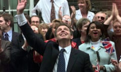 Tony Blair after winning the UK general election in 1997, with his team behind him