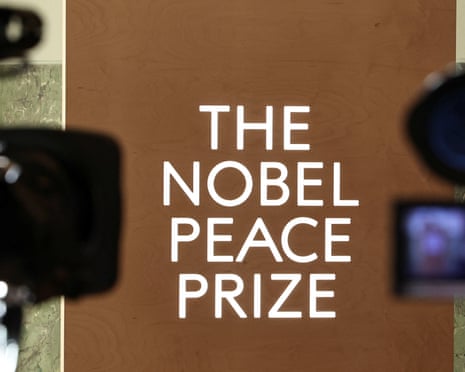 A sign that reads "The Nobel Peace Prize" is placed at the Norwegian Nobel Institute, where the laureate of the Nobel Peace Prize is announced, in Oslo, Norway.