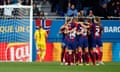 Aitana Bonmatí is mobbed by her teammates after her 24th-minute opener for Barcelona
