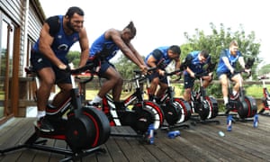 England players Ellis Genge, Maro Itoje, Mako Vunipola, Jamie George and Harry Williams work out on wattbikes during a training camp in Albufeira, Portugal, in January