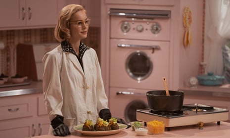 Brie Larson in a 1950s set TV kitchen in Lessons in Chemistry.