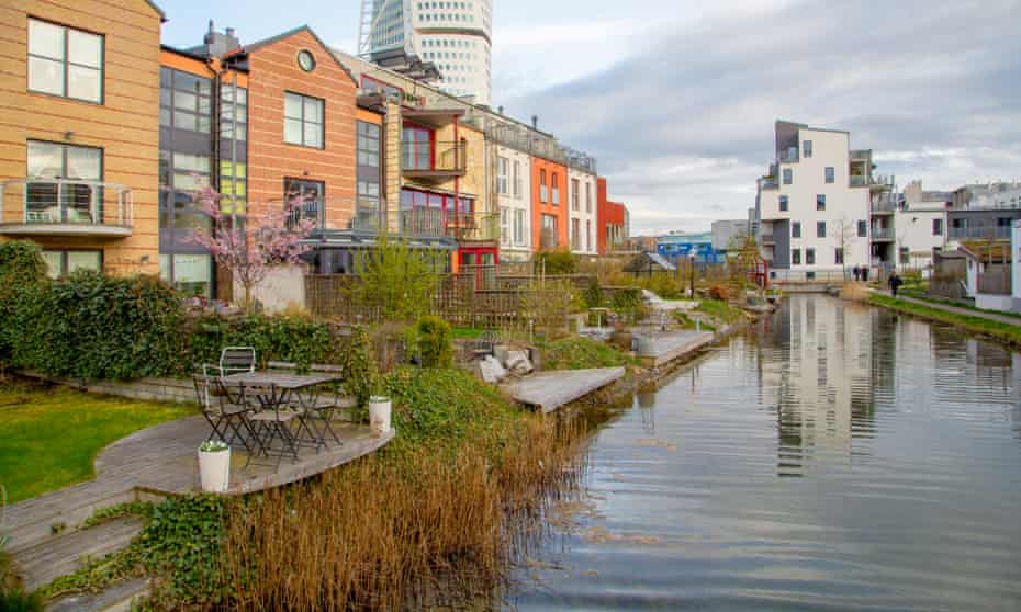 Houses by the canal in Malmö, Sweden, where a city policy required all housing blocks to meet a ‘green space factor’.