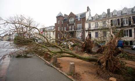 Uprooted trees after winds reaching 100mph tore through the island in the early hours of the morning on St Helier, Jersey.