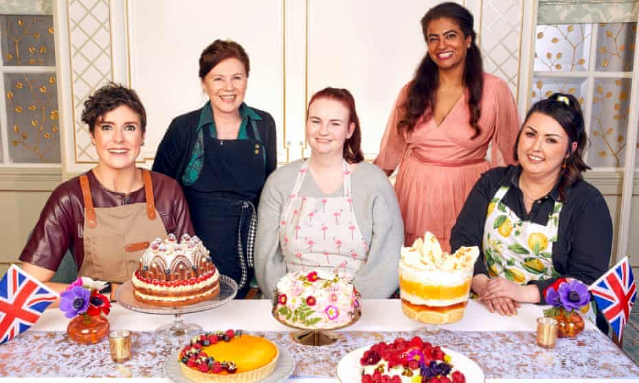 The finalists of platinum pudding competition, Sam, Susan, Kathryn, Shabnam and Jemma, with their puddings