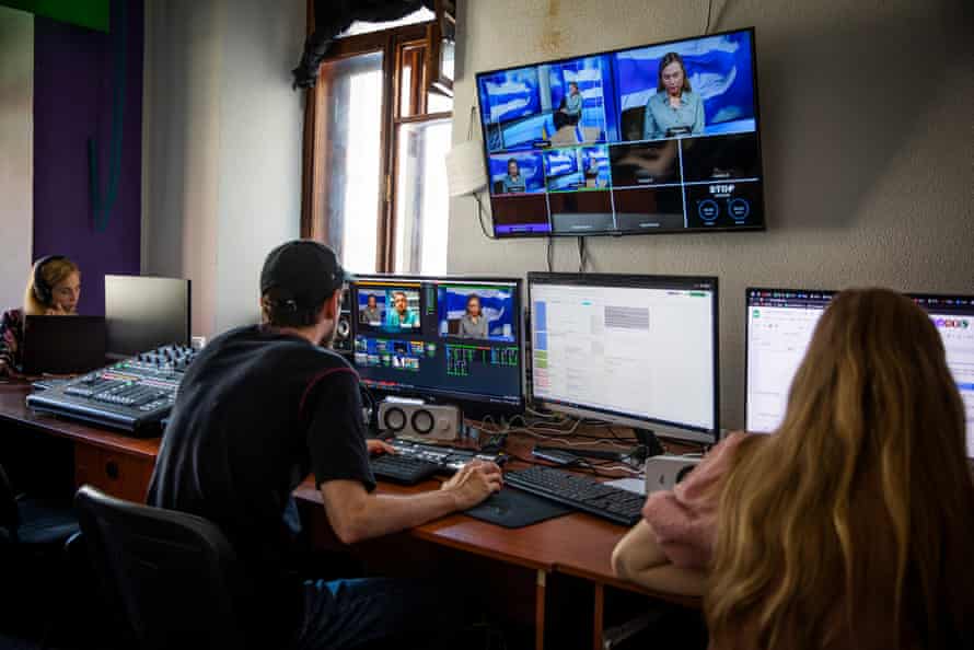 Editor-in-chief Maria Gritsenko (right) and director Andrei Duka (left) at the Outro Fevrale TV studio in central Kyiv, Ukraine.