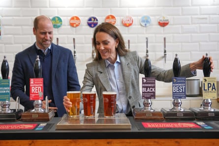 Princess of Wales and Prince William pull pints as they visit the Southwark Brewing Company at the Bermondsey Beer Mile in London