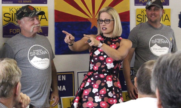 Kyrsten Sinema talks to volunteers at a get-out-the-vote phone bank in Phoenix, Arizona.