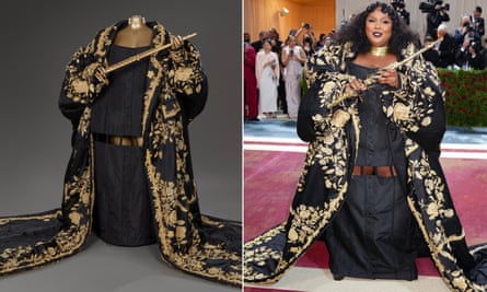 Couture dress and coat by Thom Browne worn by Lizzo to Met Gala 2022.