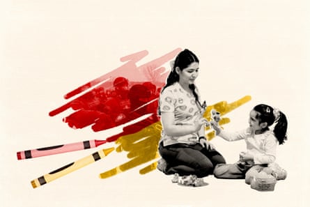 An illustration creation of a female and a woman pinch reddish and yellowish crayons