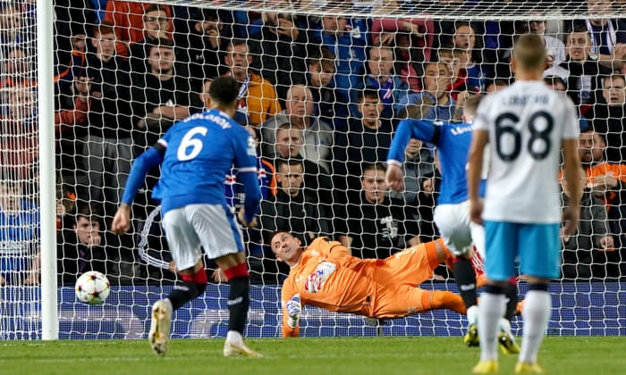 Rangers goalkeeper Alan McGregor saves a second penalty kick from Piotr Zielinki from Napoli.