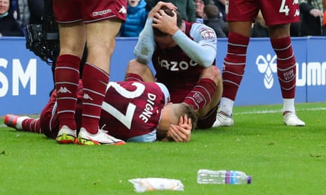 Aston Villa’s Lucas Digne and Matty Cash after being struck on the head during Saturday’s game at Everton.