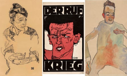 Schiele’s prodigious brilliance (l-r): his mother, Marie, 1918; his grimacing 1910 self-portrait on the cover of Der Ruf’s 1912 war issue; and Cellist, 1910. © Albertina Museum, Vienna