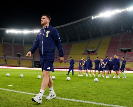 Scotland's Andy Robertson surveys the pre-match scene in Skopje, North Macedonia.