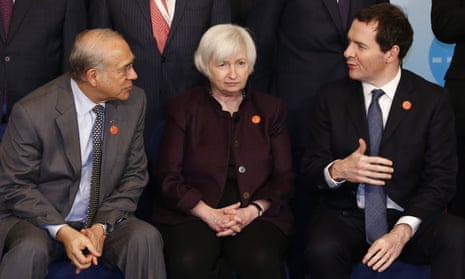 OECD secretary general Jose Angel Gurria, US Federal Reserv chair Janet Yellen and British chancellor of the exchequer George Osborne chat during a G20 photocall.