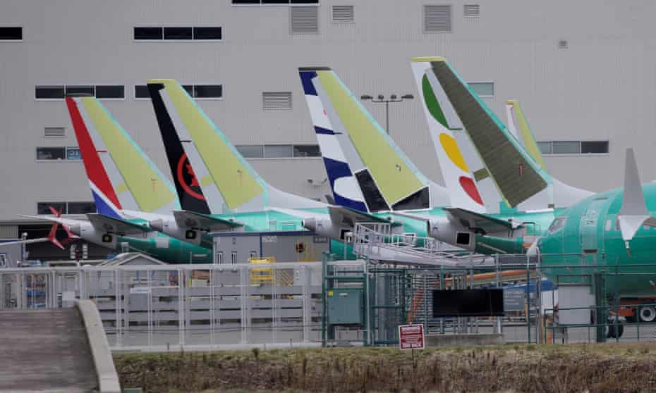 The tails of Boeing 737 Max aircraft at a Boeing production facility in Renton, Washington, US.
