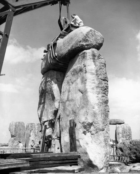 Restoration of Stonehenge in 1958.