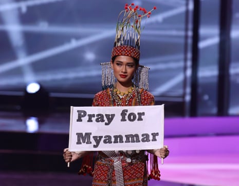 Thuzar Wint Lwin, Myanmar’s contestant at the Miss Universe pageant in Florida, wearing a traditional costume of the Chin ethnic minority in Myanmar