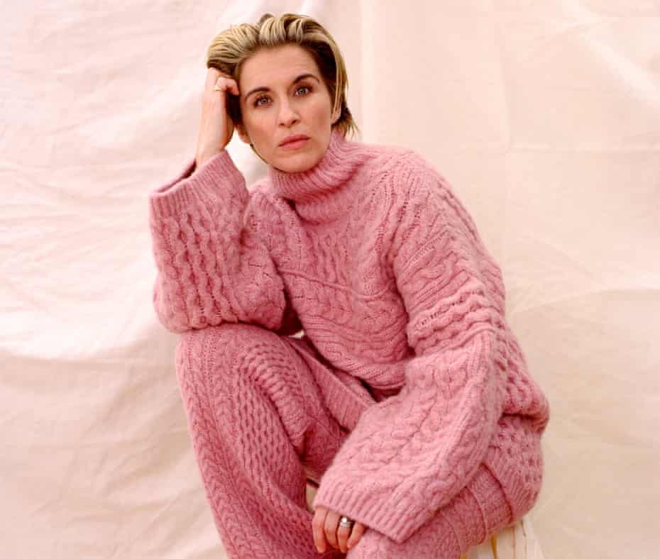 Actor Vicky McClure, in oversized pink jumper and trousers, against paler pink background, November 2021