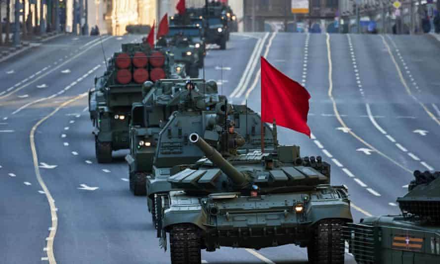 Russian military vehicles participate in a Victory Day Parade night rehearsal on Tverskaya street in Moscow, Russia on Wednesday.