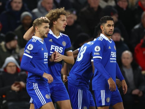 Kiernan Dewsbury-Hall celebrates scoring their first goal with Wout Faes and Ayoze Perez.